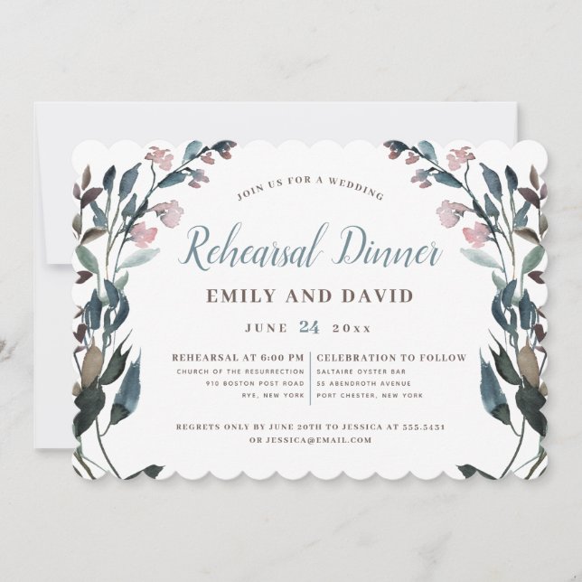 GartenWappen | White Dusty Blue Floral Wedding Einladung (Vorderseite)