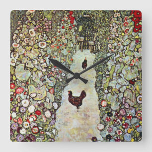 Gartenweg mit Hühnern, Gustav Klimt, Art Nouveau Quadratische Wanduhr