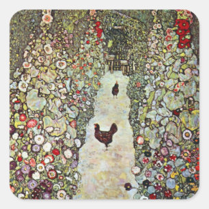Gartenweg mit Hühnern, Gustav Klimt, Art Nouveau Quadratischer Aufkleber