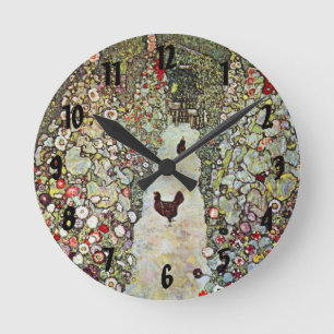 Gartenweg mit Hühnern, Gustav Klimt, Art Nouveau Runde Wanduhr