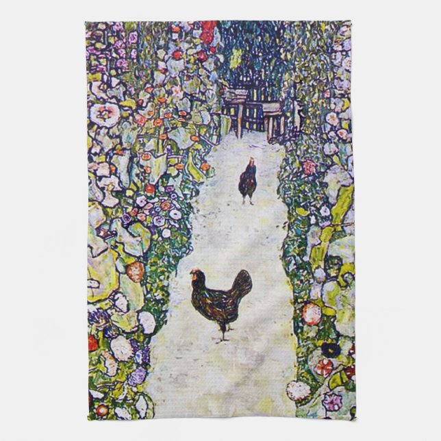 Gartenweg mit Hühnern, Gustav Klimt Geschirrtuch (Vertikal)