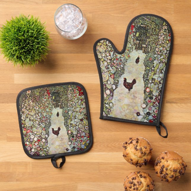 Gartenweg mit Hühnern, Gustav Klimt, Jugendstil Ofenhandschuh & Topflappen-Set (Oben Unten)
