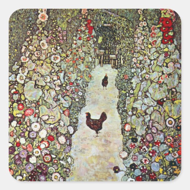 Gartenweg mit Hühnern, Gustav Klimt, Jugendstil Quadratischer Aufkleber (Vorderseite)