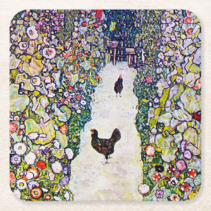 Gartenweg mit Hühnern, Gustav Klimt Rechteckiger Pappuntersetzer