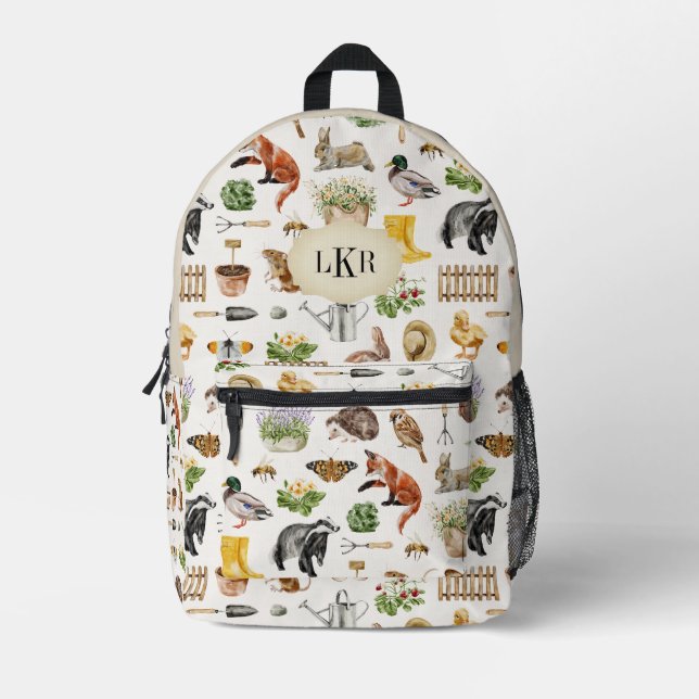 Gartenwerkzeug und Tiermuster 3-Buchstaben-Monogra Bedruckter Rucksack (Vorderseite)