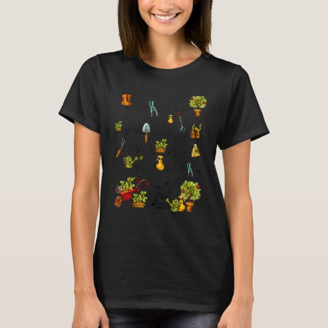 Gartenwerkzeuge Musiknote Mitarbeiter Gärtner Pfla T-Shirt (Vorderseite)