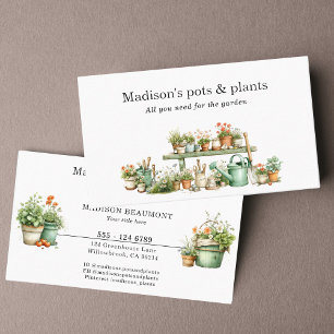 Gartenwerkzeuge Töpfe und Pflanze Aquarell Visitenkarte