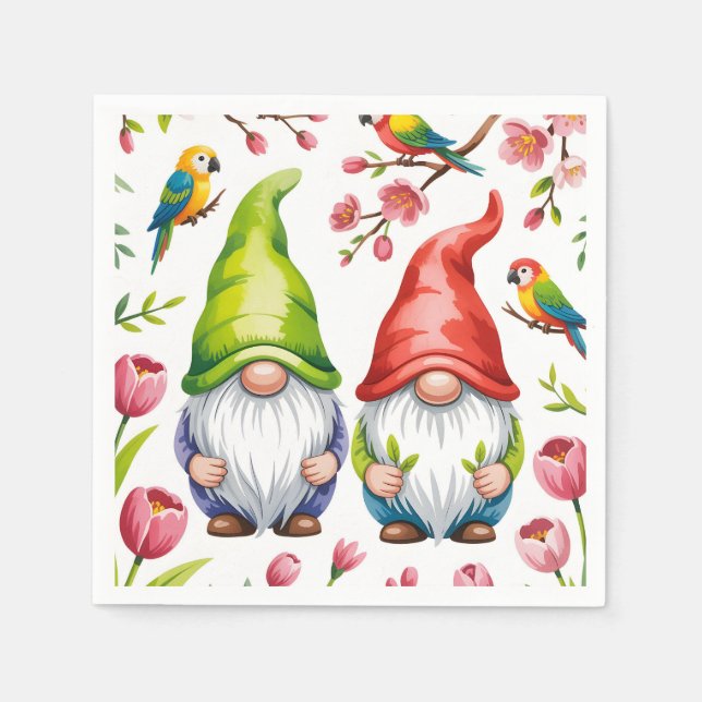 Gartenzwerge mit tropischen Papageien Serviette (Vorderseite)