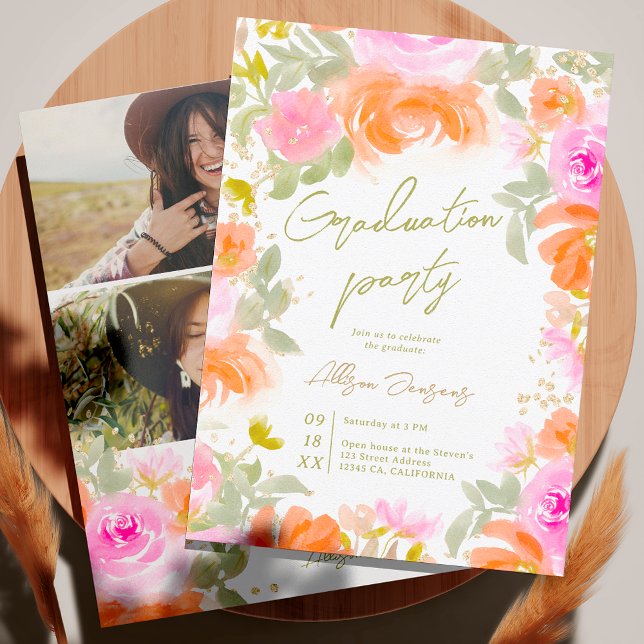 Gärtnerorange Blume Foto Abschluss Einladung (Garden orange wild flowers photo graduation invitation)