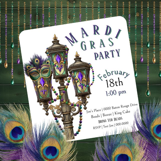Gas Lamp | Mardi Gras Beads | Masquerade  Einladung (Gas lamp and Mardi Gras beads party invitation you can fully customize. )