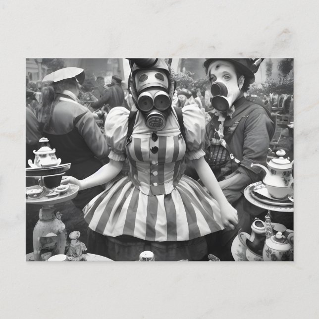 Gasmaske Frau am Tea Party Postkarte (Vorderseite)