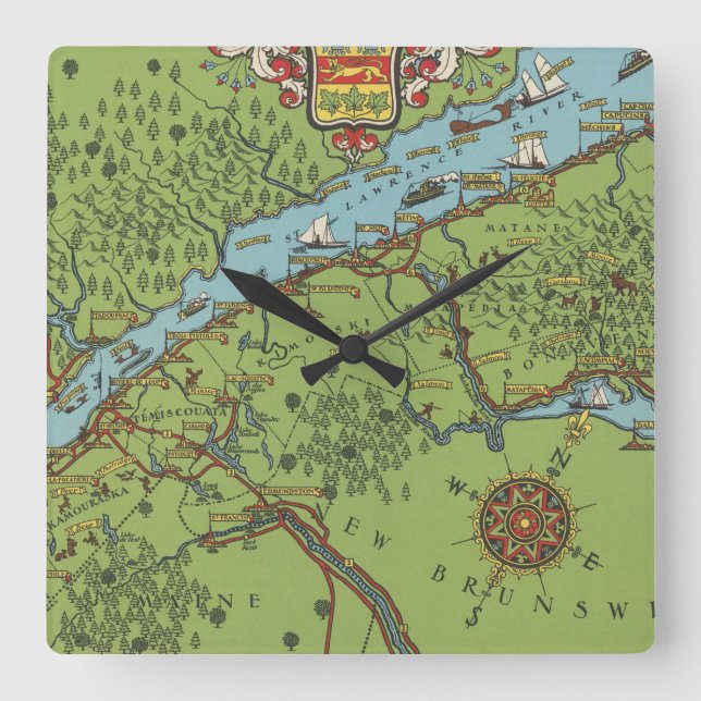 Gaspe Peninsula, Canada Map Quadratische Wanduhr (Vorderseite)
