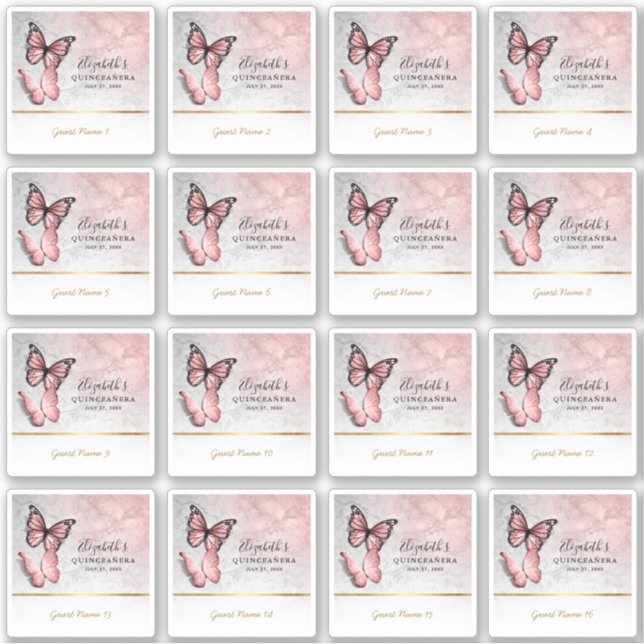 Gast Name Gefallen Pink Rose Gold Butterfly Labels (Vorderseite)