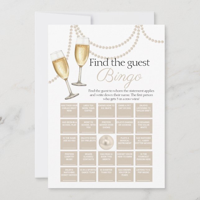 Gästebingo Pearls Prosecco Duschspielkarte Einladung (Vorderseite)