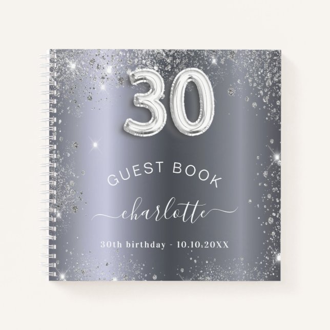 Gästebuch 30. Geburtstag Silberner Glitzer Name gl Notizbuch (Vorderseite)