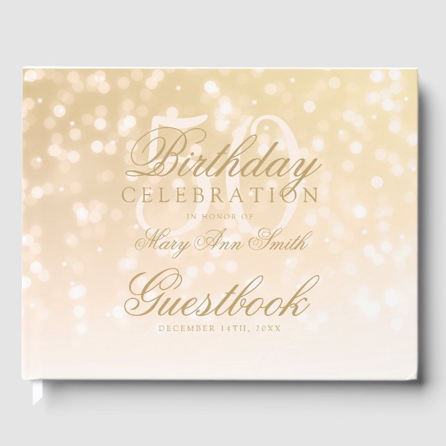 Gästebuch 50. Geburtstag Gold Bokeh Sparkle Lights (Vorderseite)