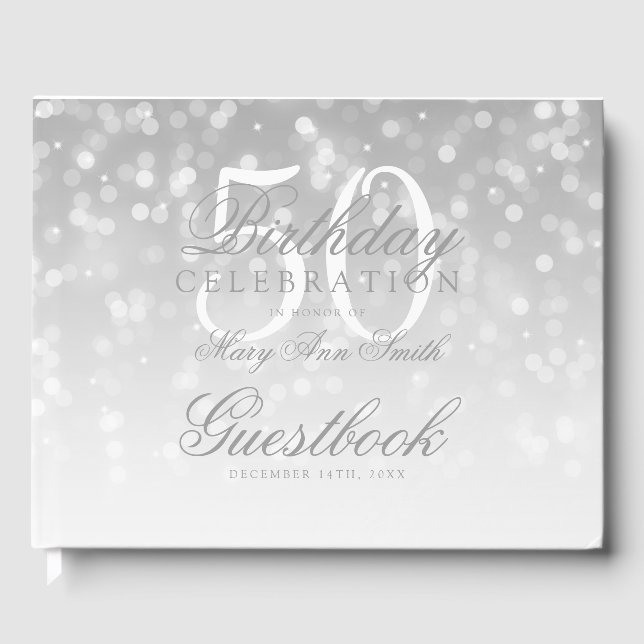 Gästebuch 50. Geburtstag Silver Bokeh Sparkle Ligh (Vorderseite)