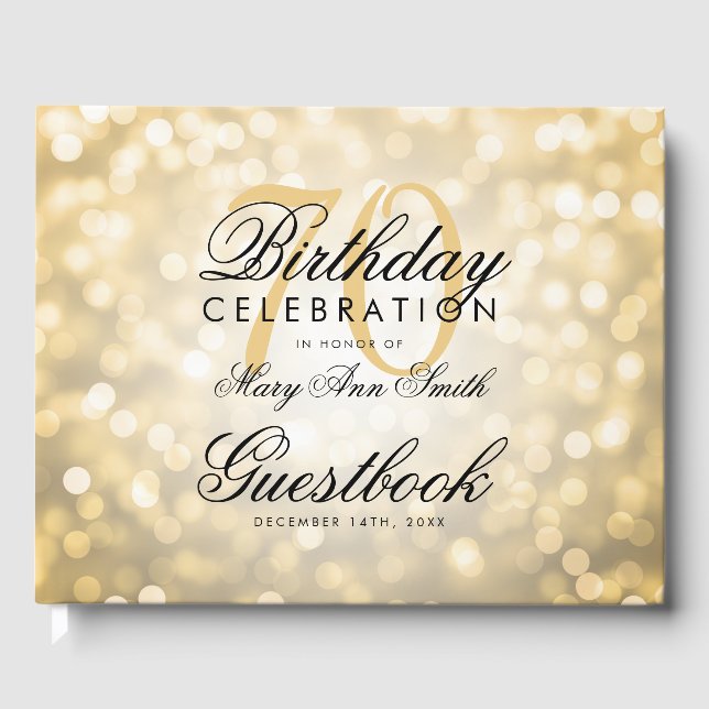 Gästebuch 70. Geburtstagsparty Gold Glitzer Light (Vorderseite)