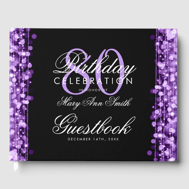Gästebuch 80. Geburtstagsparty Glitzern Lila (Vorderseite)