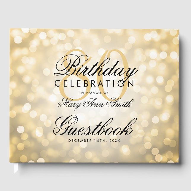 Gästebuch 80. Geburtstagsparty Gold Glitzer Light (Vorderseite)