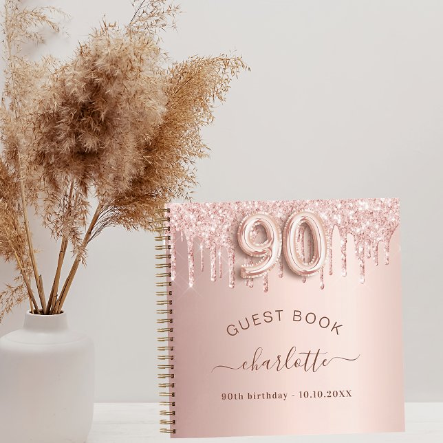 Gästebuch 90. Geburtstag Rose Gold Glitzer Tropfen Notizbuch (Von Creator hochgeladen)