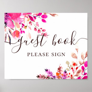 Gästebuch. Aquarell rosa Blumen Schrift Hochzeit Poster