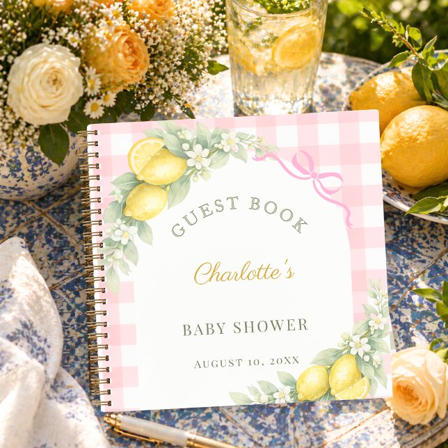 Gästebuch-Baby-Shower-Zitronen rosa Gingham Mädche Notizbuch (Von Creator hochgeladen)