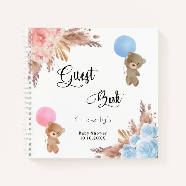 Gästebuch Babydusche Pampas Gras Teddy offenbaren Notizbuch (Vorderseite)