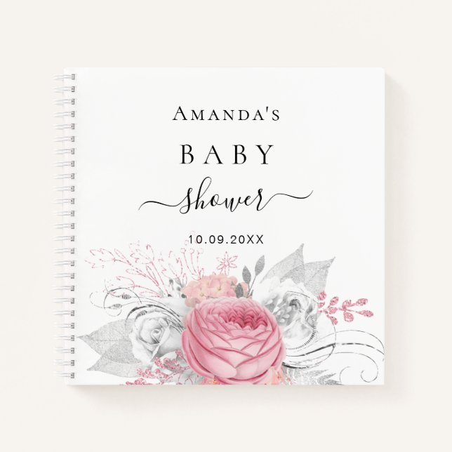 Gästebuch Babydusche Rosa Blütensilber Notizbuch (Vorderseite)