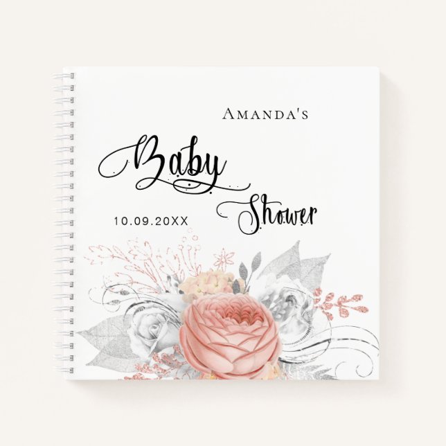 Gästebuch Babydusche Rose Gold silber Blume Notizbuch (Vorderseite)