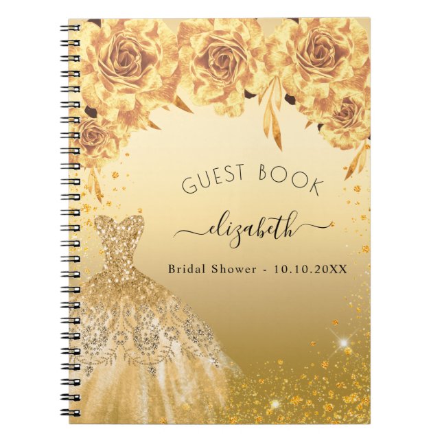 Gästebuch Brautparty Gold Glitzer Kleid Notizblock (Vorderseite)