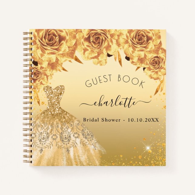 Gästebuch Brautparty Gold Glitzer Kleid Notizbuch (Vorderseite)