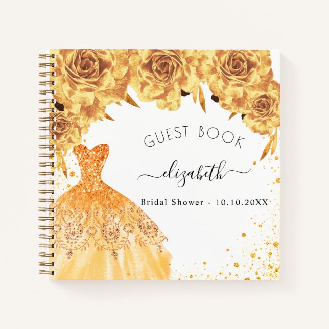 Gästebuch Brautparty Gold Glitzer Kleid Notizbuch (Vorderseite)