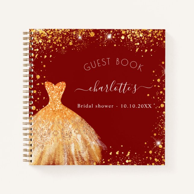 Gästebuch Brautparty Rot Gold Glitzer Kleid Notizbuch (Vorderseite)