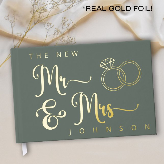 Gästebuch für Hochzeitssagen Grün und Gold Foil (Real Gold Foil and sage green wedding guestbook with rings and script typography)