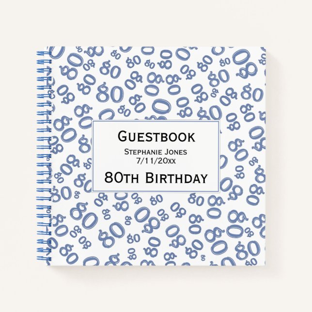 Gästebuch Geburtstag 80 Nummer Muster Blau/Weiß Notizbuch (Vorderseite)