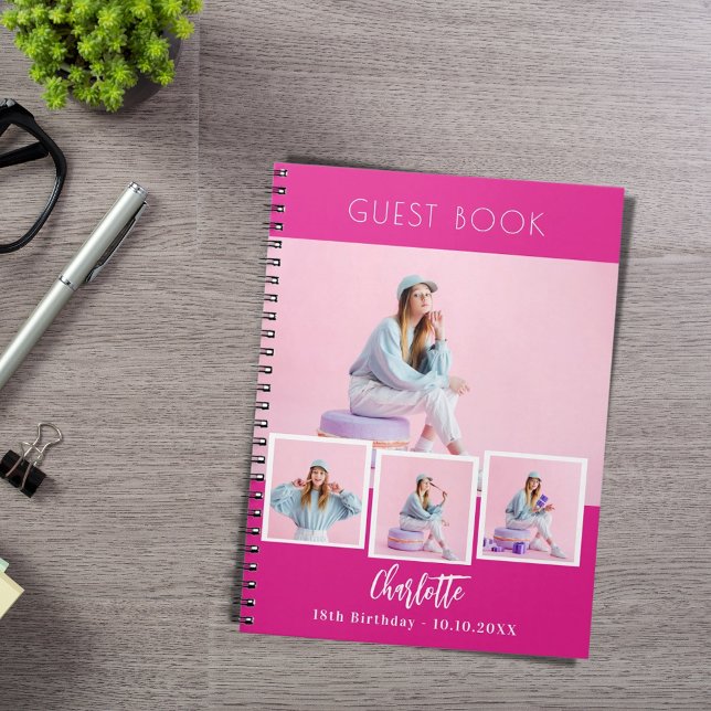 Gästebuch Geburtstag Hot-Rosa Foto Collage Girl Notizblock (Von Creator hochgeladen)