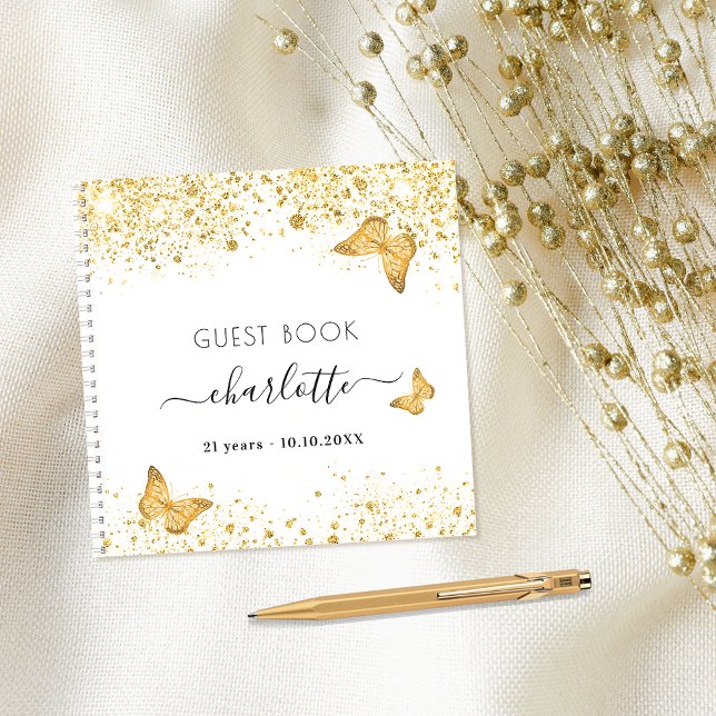 Gästebuch Geburtstag Weißgold Schmetterlinge Glitz Notizbuch (Von Creator hochgeladen)