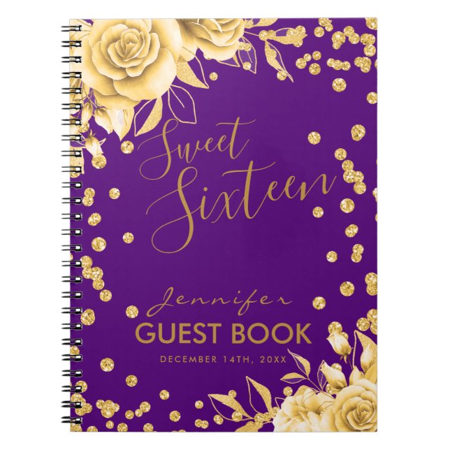 Gästebuch Gold Lila Sweet 16 Glitzer Blumenstrauß Notizblock (Vorderseite)