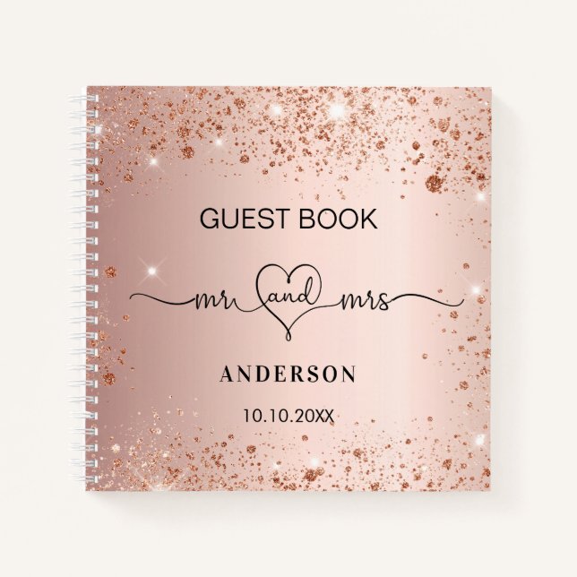 Gästebuch Hochzeit Rose Gold Schwarz Glitzer mr mr Notizbuch (Vorderseite)
