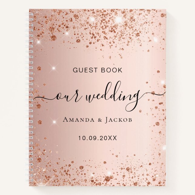 Gästebuch Hochzeit Rose Gold Schwarze Glitzer Name Notizbuch (Vorderseite)