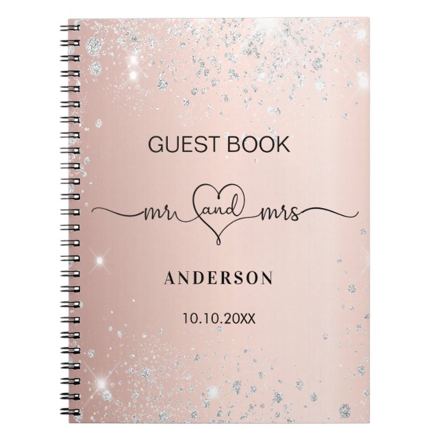 Gästebuch Hochzeit Rose Gold Silber Glitzer Herz Notizblock (Vorderseite)