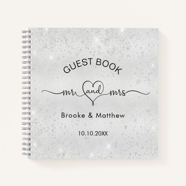 Gästebuch Hochzeit Silber Glitzer mr mrs name Notizbuch (Vorderseite)