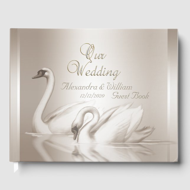 Gästebuch Hochzeit Swans Damask Cream White (Vorderseite)