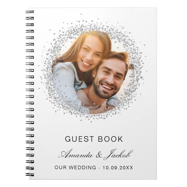 Gästebuch Hochzeit weißer silberner Glitzer Foto Notizblock (Vorderseite)