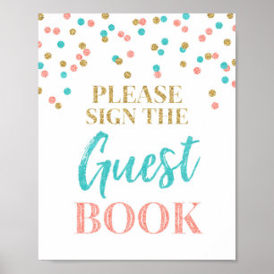 Gästebuch Hochzeitsschild Gold Teal Koralle Konfet