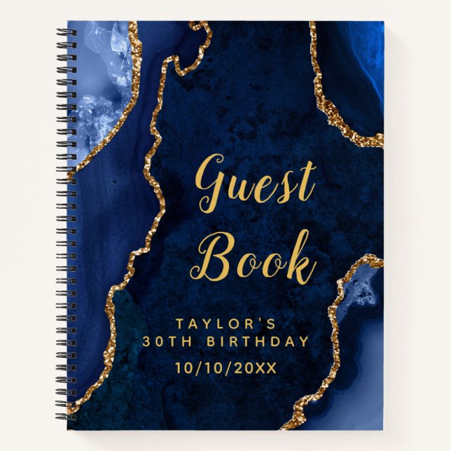 Gästebuch Navy und Gold Agate Birthday Notizbuch (Vorderseite)