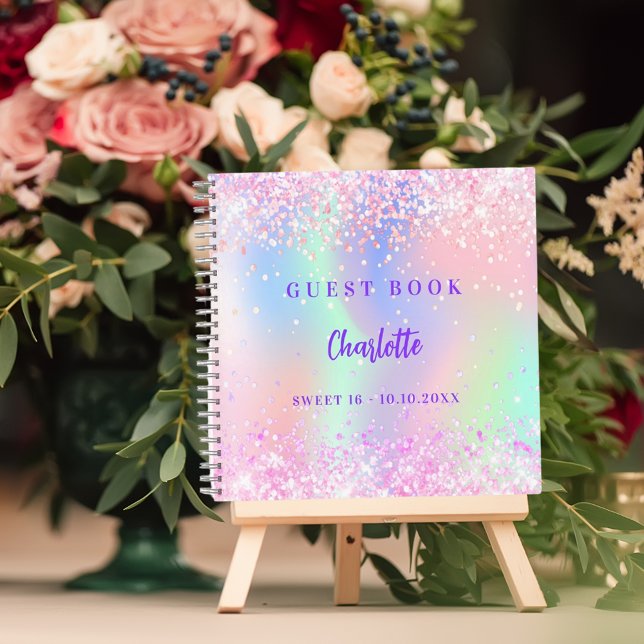 Gästebuch Pink holografische Konfetti Sweet 16 Notizbuch (Von Creator hochgeladen)