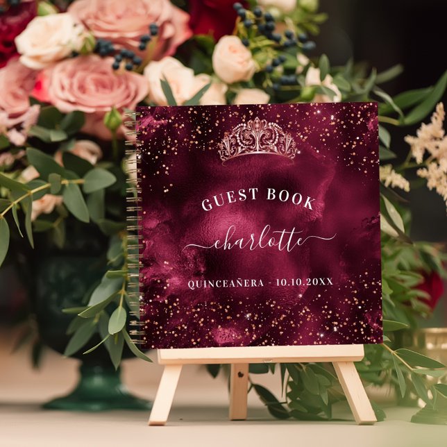 Gästebuch Quinceanera burgundy Rose gold tiara Notizbuch (Von Creator hochgeladen)