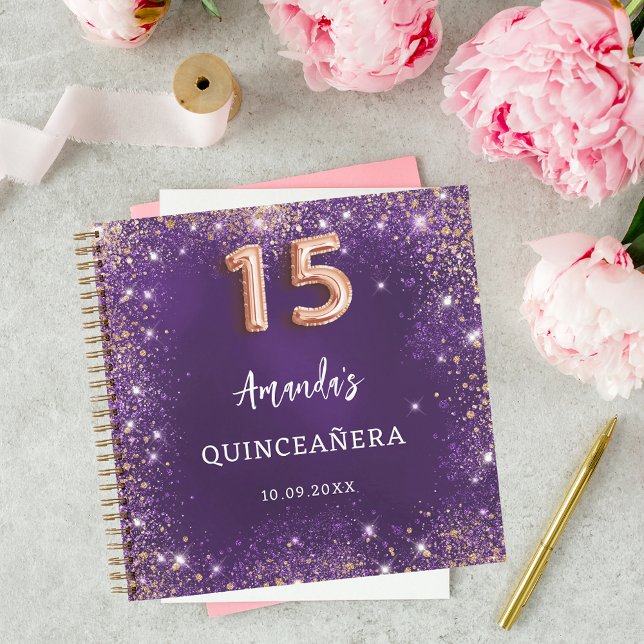 Gästebuch Quinceanera lila Rose Gold Glitzer Notizbuch (Von Creator hochgeladen)